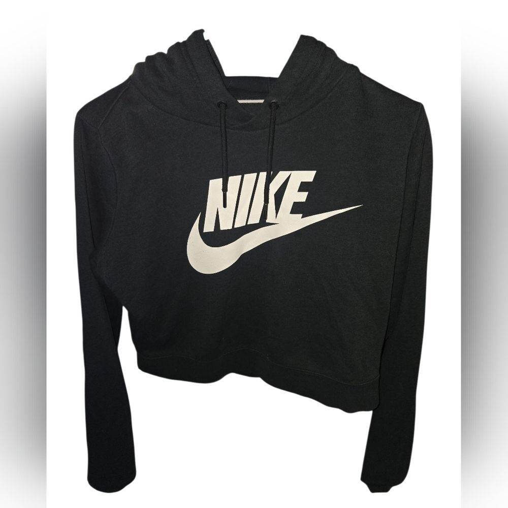 Nike Women's Cropped Black Hoodie with White Logo